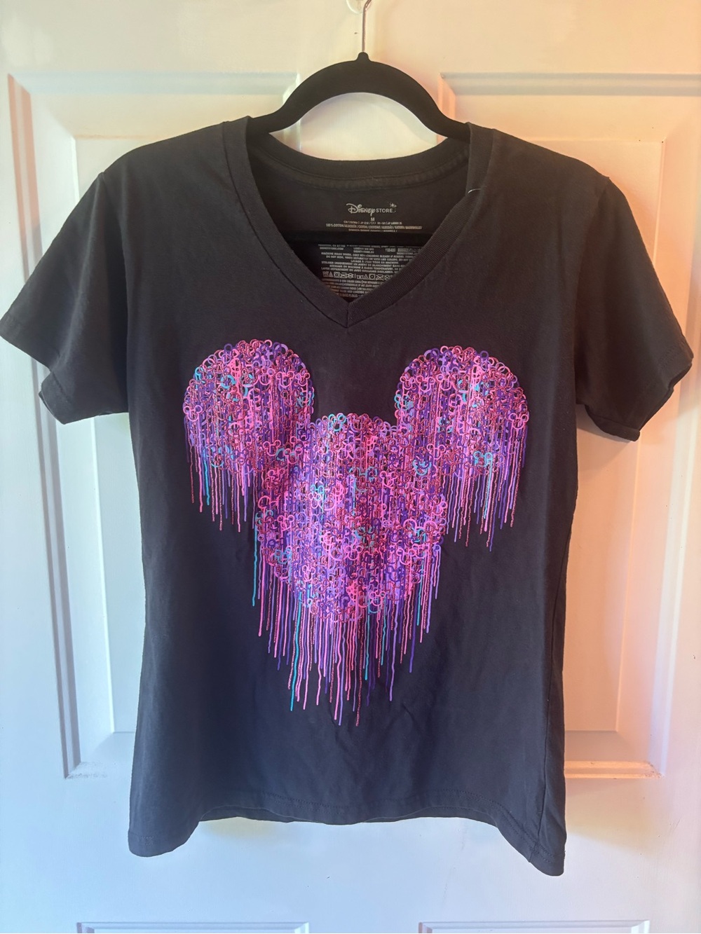Disney Black V-Neck Tee with Pink and Purple Drip Heart